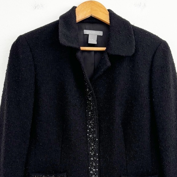 Ann Taylor Black Embellished Wool Blend Tweed  Button Down Blazer Size 10 - Picture 2 of 15